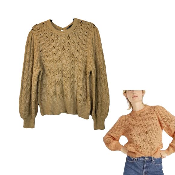 J. Crew Balloon Sleeve Open Knit Sweater Camel Beige Tan Large NEW with Tags - Picture 1 of 9